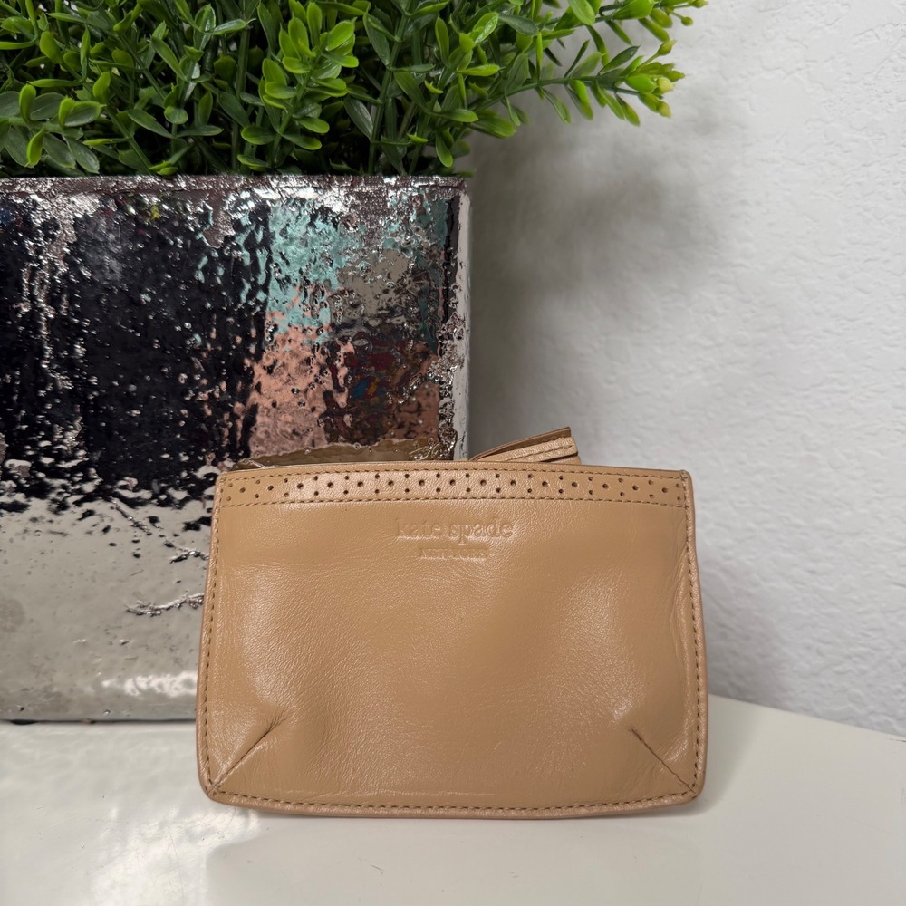 Kate Spade Coin Purse Womens Tan Perforated Leather Tassel Classic Small OS